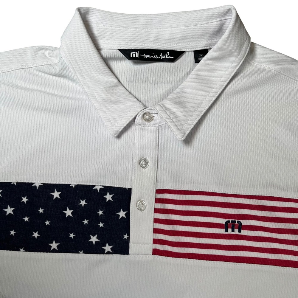 Travis Mathew Polo Shirt Mens XXL White Stars Stripes Patriotic Golf Athleisure